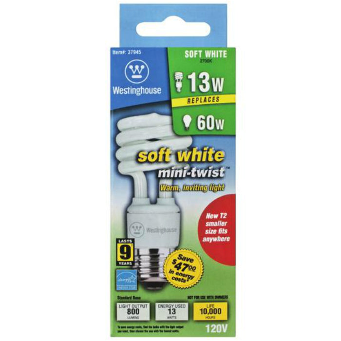 Westinghouse 37945 Mini Twist Compact Mini-Twist Fluorescent Light Bulb, 13W