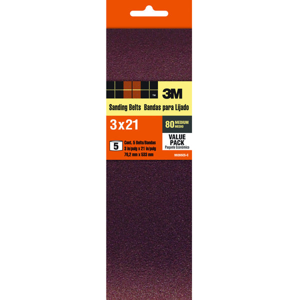 3M 99265NA Heavy Duty Resin Bond Power Sanding Belt, 3" x 21", 80 Grit, 5-Pack