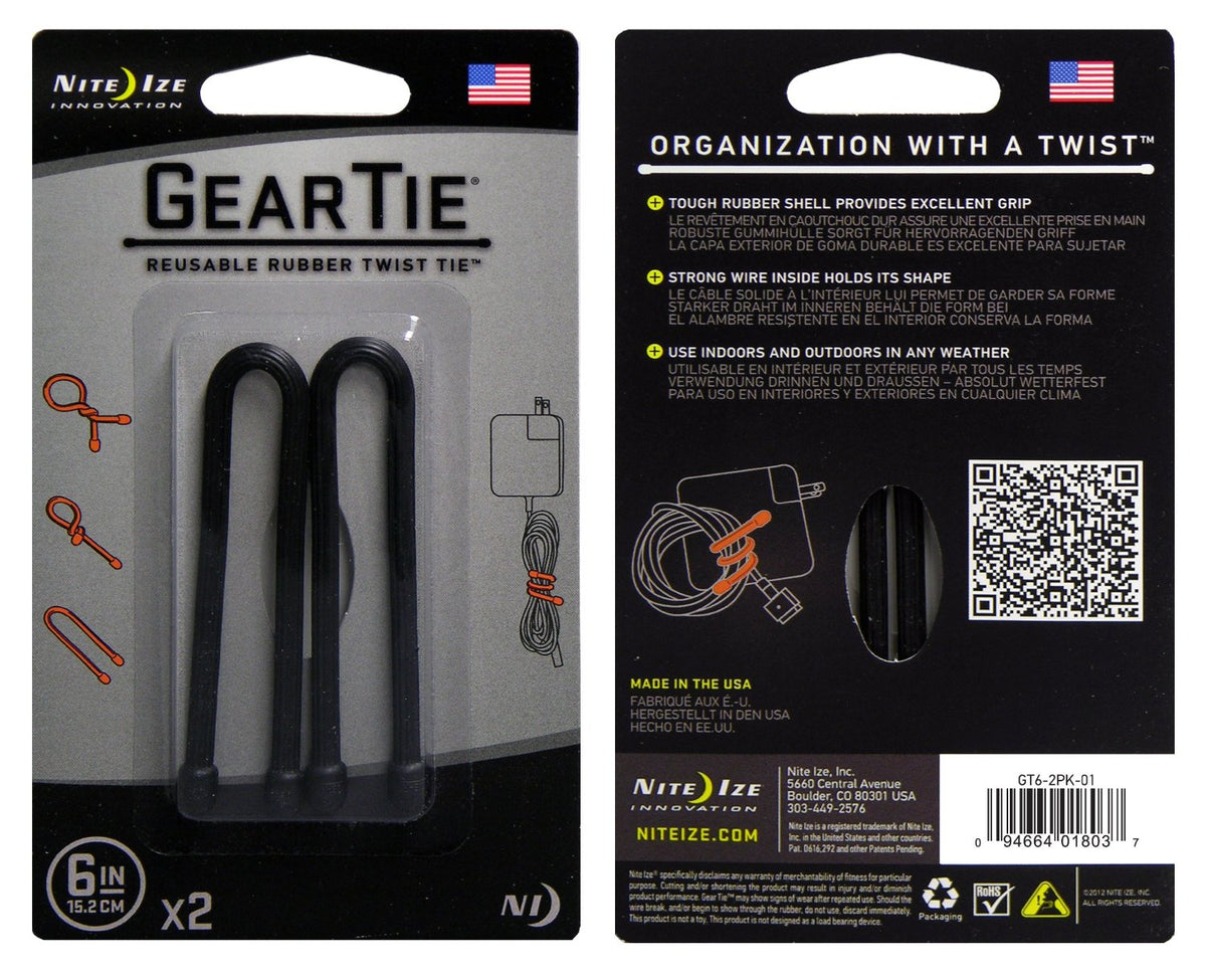 Nite Ize® GT6-2PK-01 Gear Tie® Reusable Rubber Twist Tie, 6", Black, 2-Pack