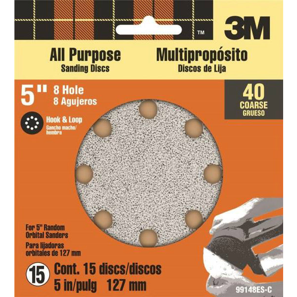 3M 99148 Hook & Loop Sanding Disc, 5", 8-Hole, Coarse 40 Grit, 15-Count