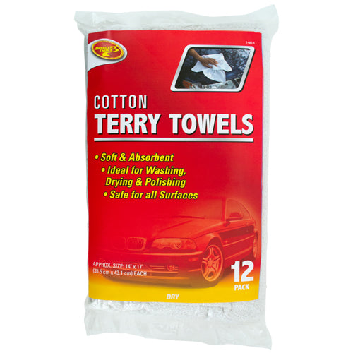 Detailer's Choice® 3-685-58 Cotton Terry Towels, White, 14" x 17", 12-Pack