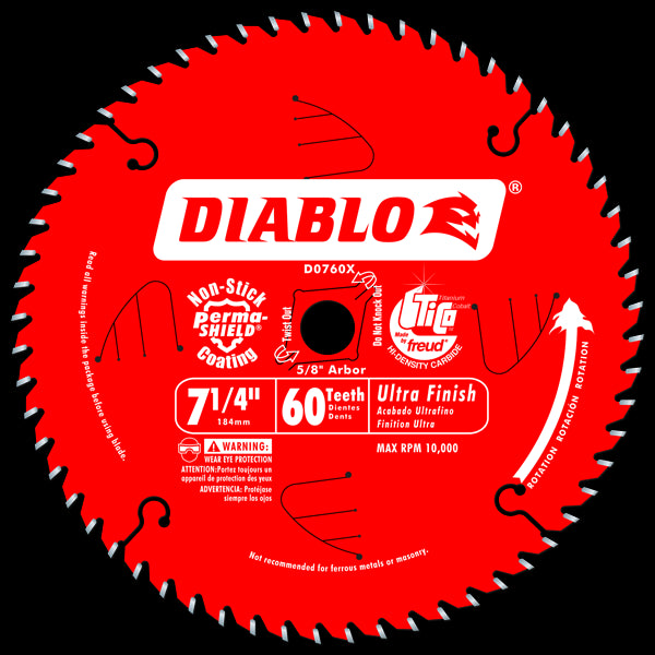 Diablo D0760X Ultra Finish Saw Blade, 7-1/4" x 60 Tooth, 5/8" Arbor