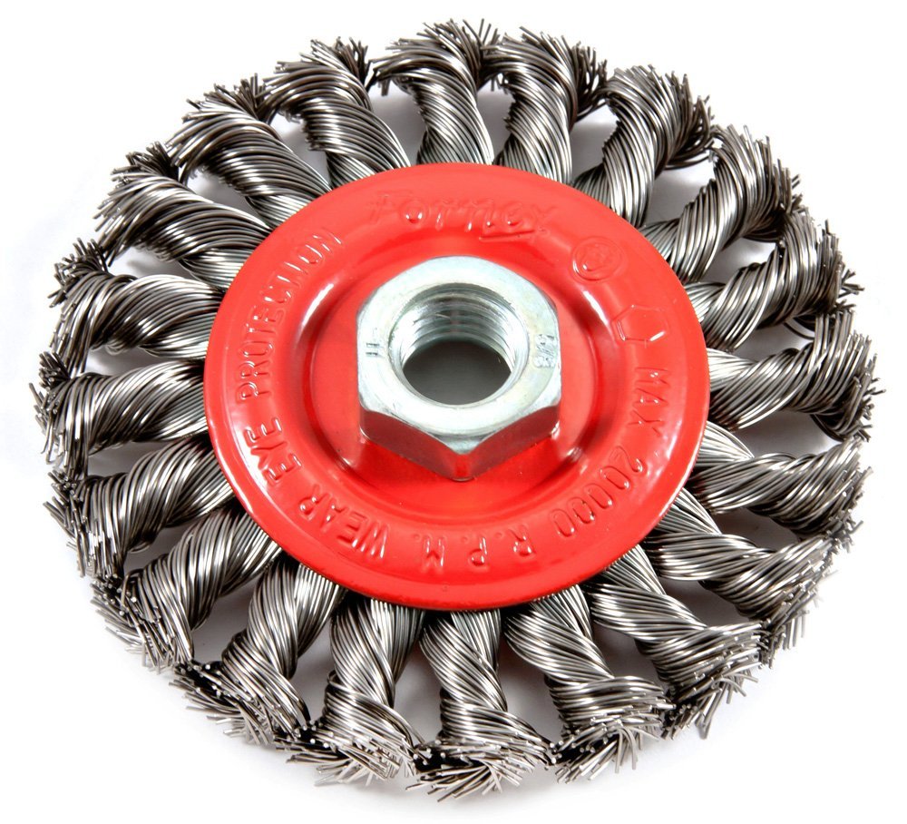 Forney 72759 Coarse Twist Knot Wire Wheel Brush, 4" x 0.012" Wire, 5/8"-11 Arbor