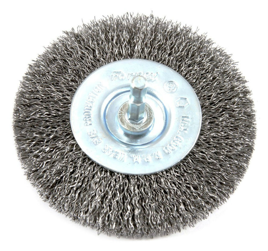 Forney 72739 Stem Mounted Coarse Crimped Wire Wheel, 4" x 0.012", 1/4" Hex Shank