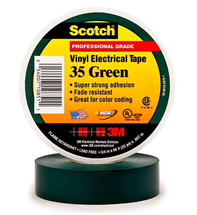 Scotch 10851-DL-10 Professional Grade #35 Vinyl Electrical Tape, 3/4"x66', Green