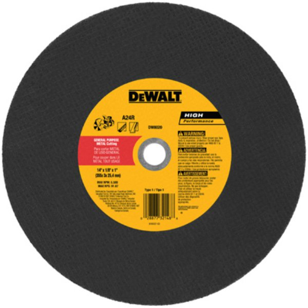 DeWalt® DW8020 High Performance General Purpose Metal Cutting Wheel, 14"x1/8"x1"