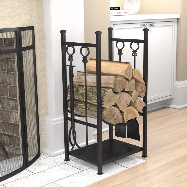 Panacea 15234 Log Bin & Fireplace Tool Set Hearth Center, Black, 5-Piece