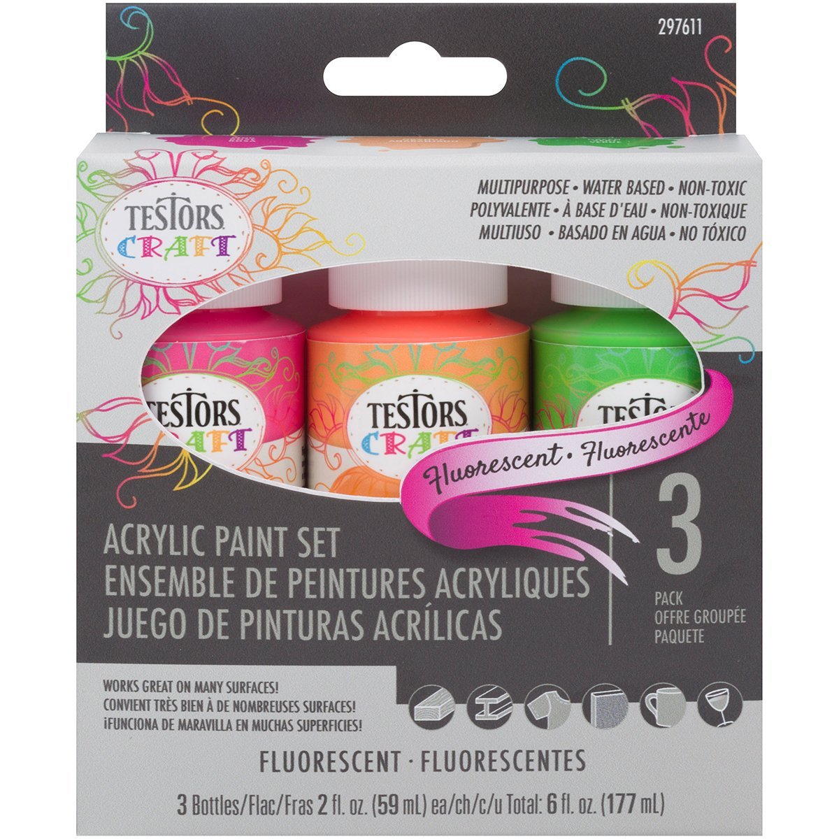 Testors® 297611 Fluorescent Acrylic Craft Paint Set, 2 Oz, 3-Pack