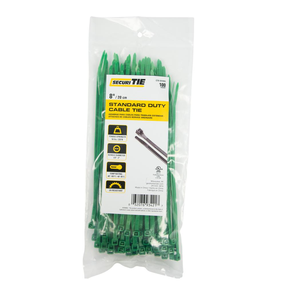 Gardner Bender® CT8-50100G SecuriTie Standard Duty Cable Tie, Green, 8", 100-Pk