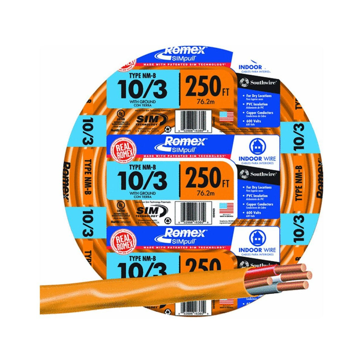 Southwire 63948455 Romex Non-Metallic Sheathed Cable, Copper, 250'