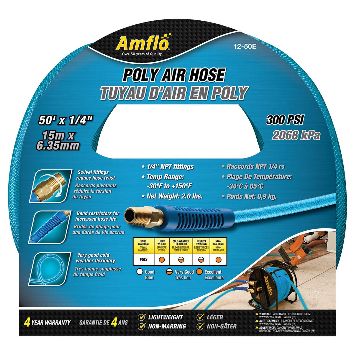 Amflo 12-50E Polyurethane Air Hose, 1/4" x 50', Blue