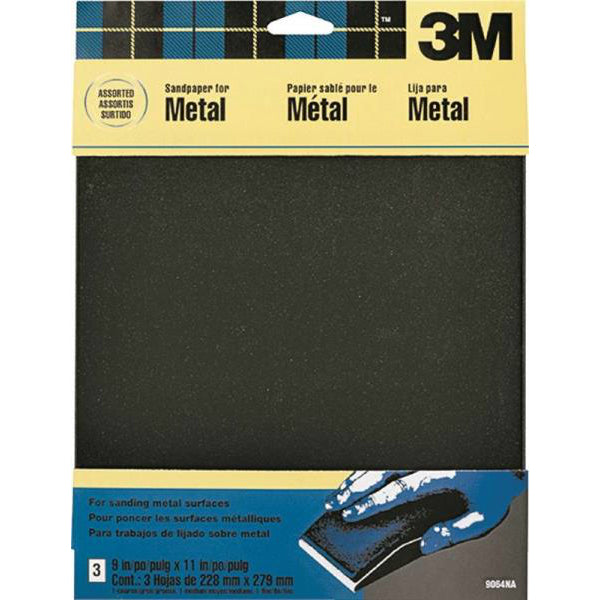 3M 9064NA Emery Cloth Sandpaper for Metal, Assorted, 9" x 11", 3 Pack