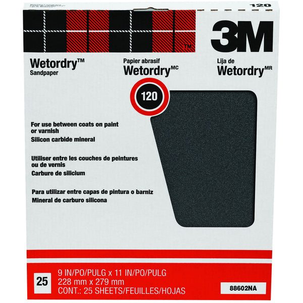 3M 88602 Pro-Pak Wet/Dry Sand Paper, 120 Grit, 9" x 11", 25-Count