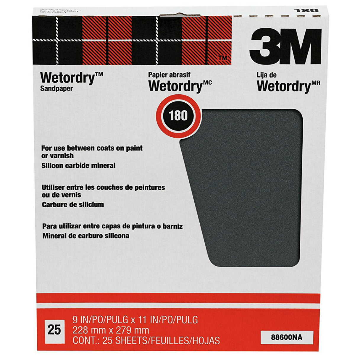 3M 88600 Pro-Pak Wet/Dry Sand Paper, 180 Grit, 9" x 11", 25-Count