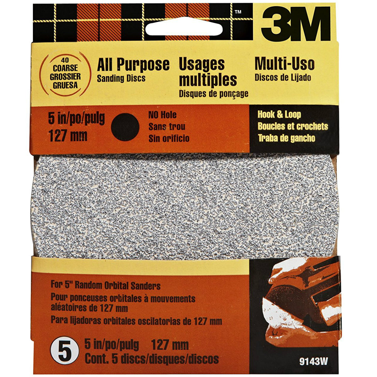 3M 9143 Hook & Loop Quick Change Sanding Disc, 5", 40 Grit, 5-Pack