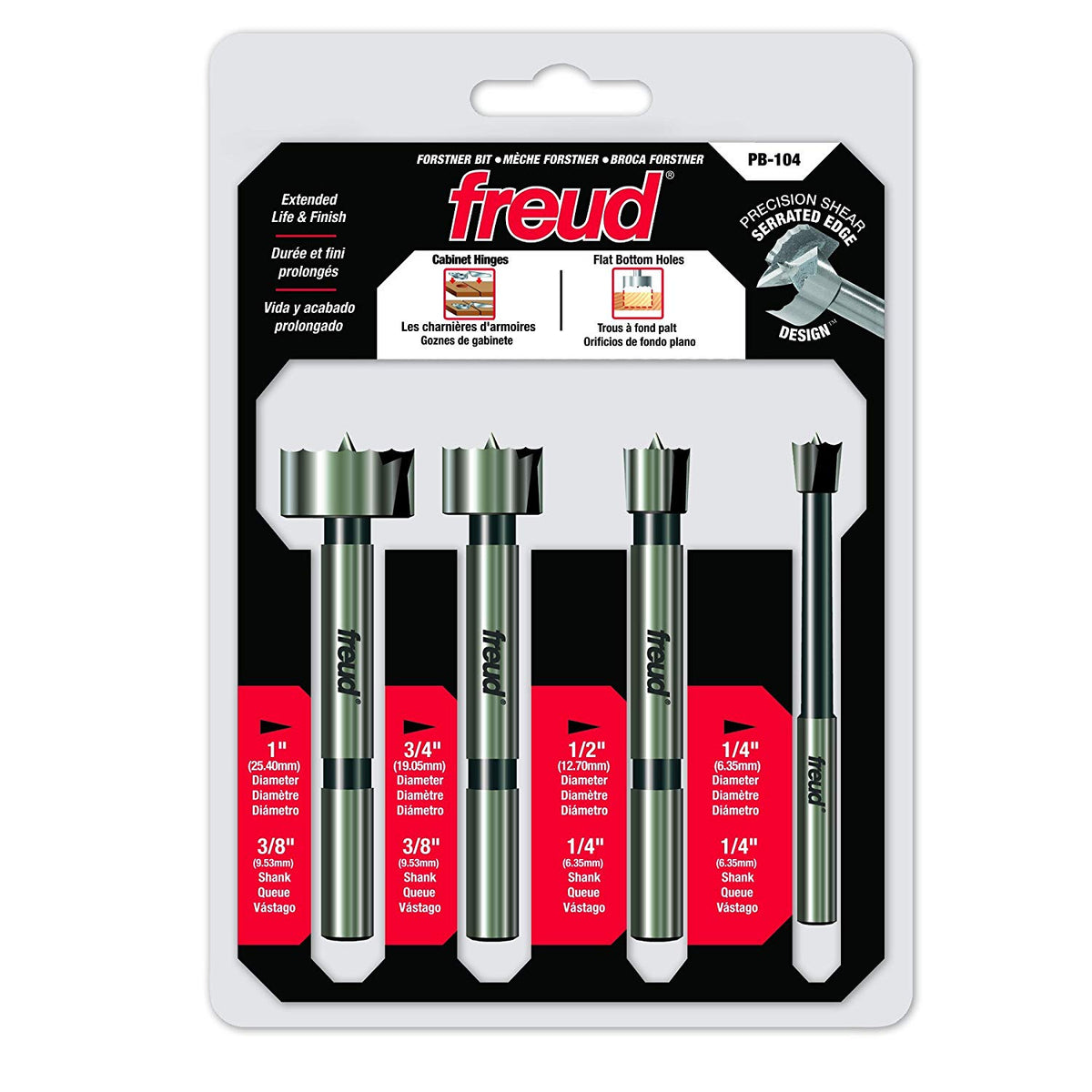 Freud PB-104 Precision Shear Serrated Edge Forstner Bit Set, 1/4 inch- 1 inch, 4-Piece