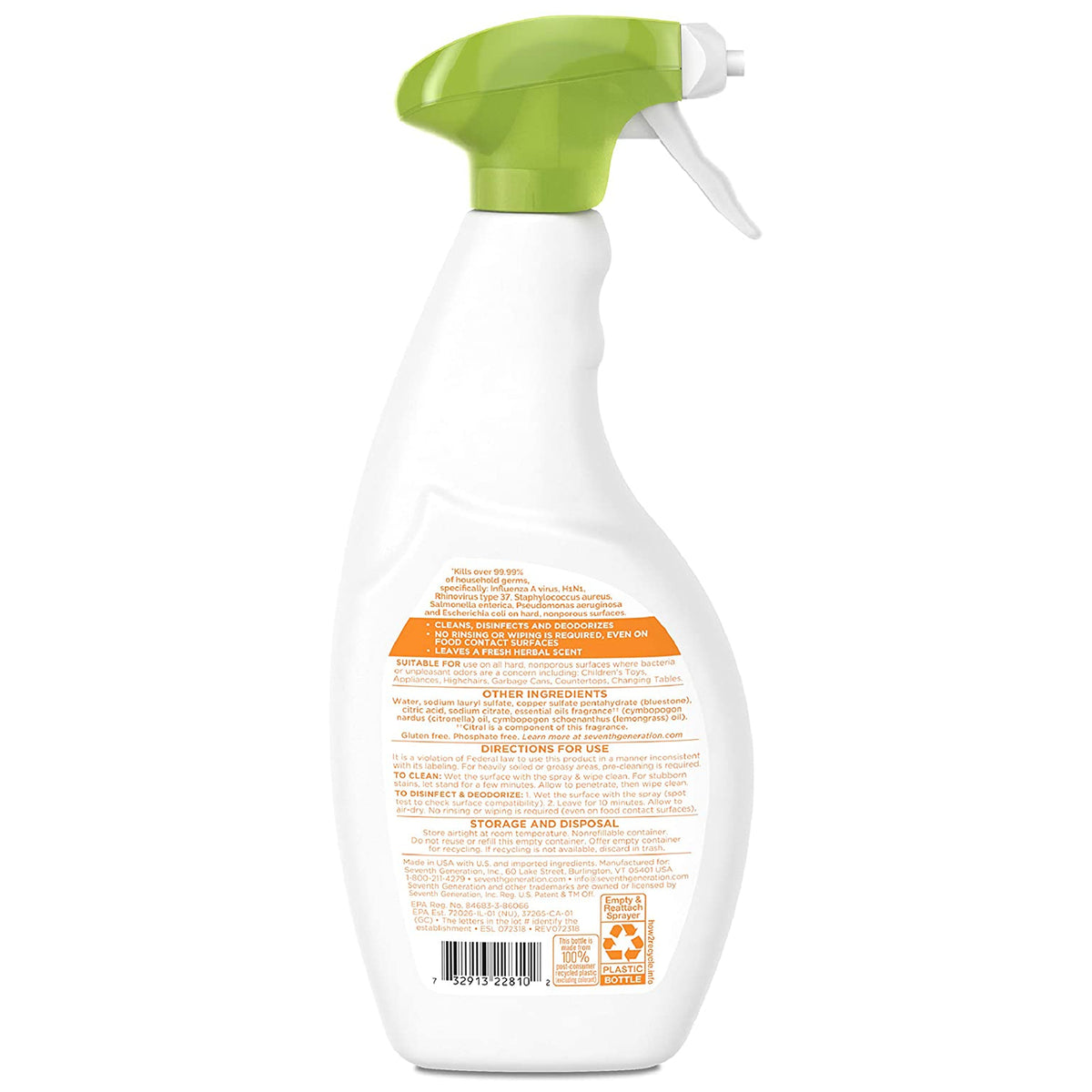 Seventh Generation 67235184 Disinfecting Multi-Surface Cleaner, Lemongrass Citrus, 26 Oz