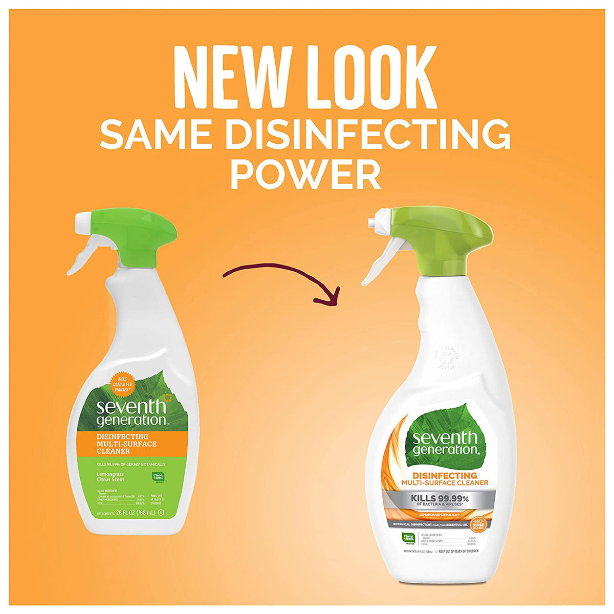 Seventh Generation 67235184 Disinfecting Multi-Surface Cleaner, Lemongrass Citrus, 26 Oz