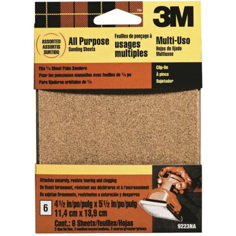 3M 9223NA Aluminum Oxide Clip-On Palm Sander Sheet, Assorted Grit, 6-Piece