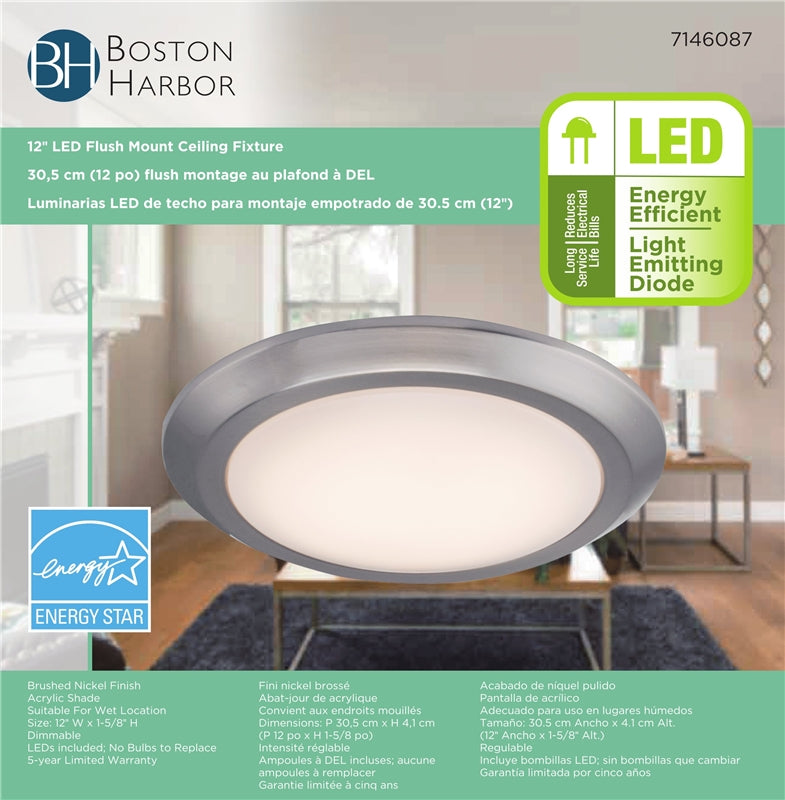 Boston Harbor CL006AC1215-12 Flush Mount Ceiling Light Fixture, Brushed Nickel