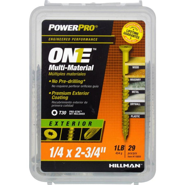 Hillman 116859 PowerPro One Multi-Material Exterior Screw 1/4"x2-3/4", 29-Pack