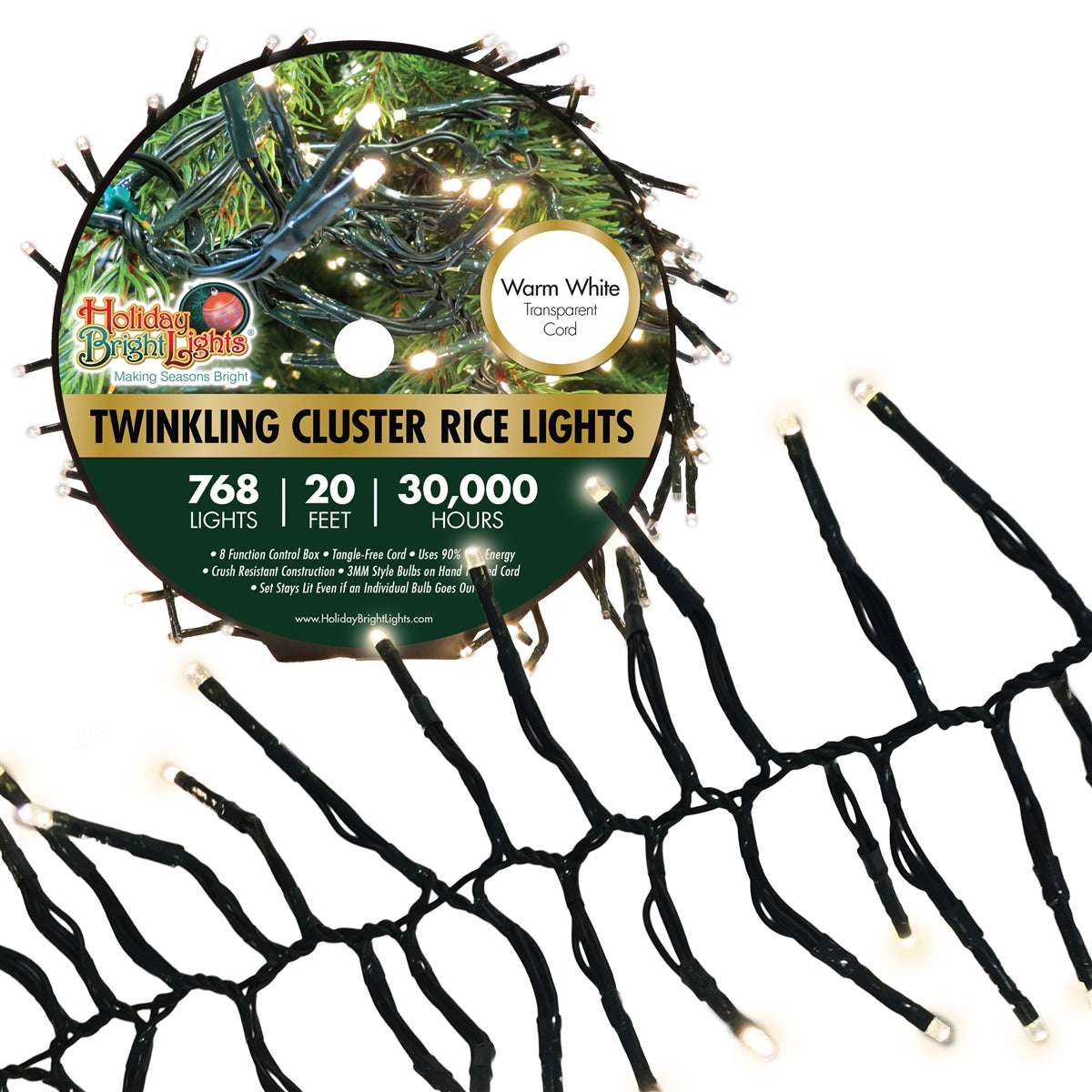 Holiday Bright LED-3MCR768-GWW Twinkling Cluster Rice 768 W-White Light Set, 20'