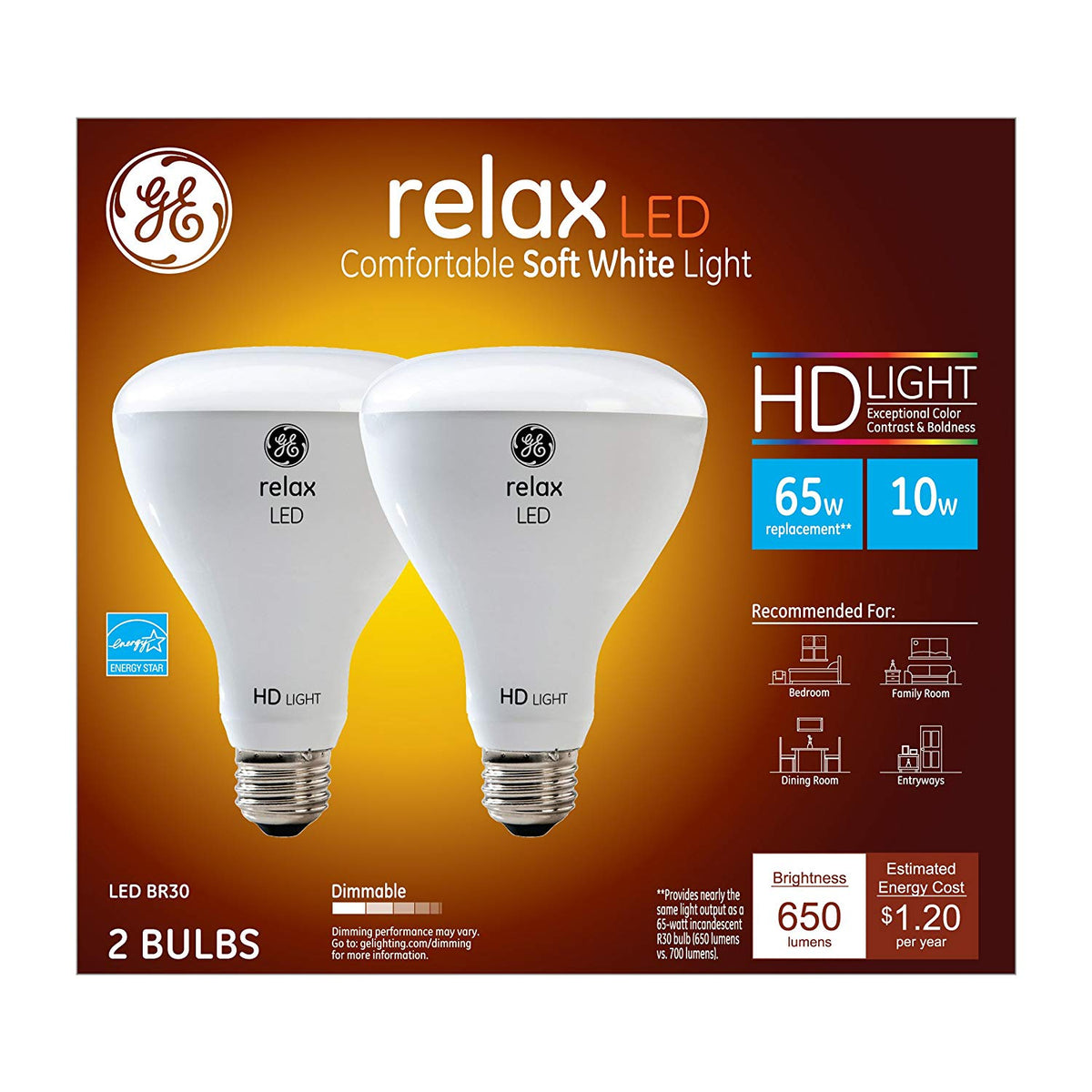 GE 40931 Refresh Dimmable BR30 Indoor Floodlight LED Bulb 10W, Soft White, 2-Pk