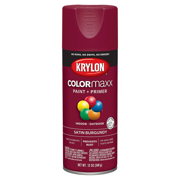 Krylon K05560007 COLORmaxx Paint + Primer Spray, Satin Burgundy, 12 Oz