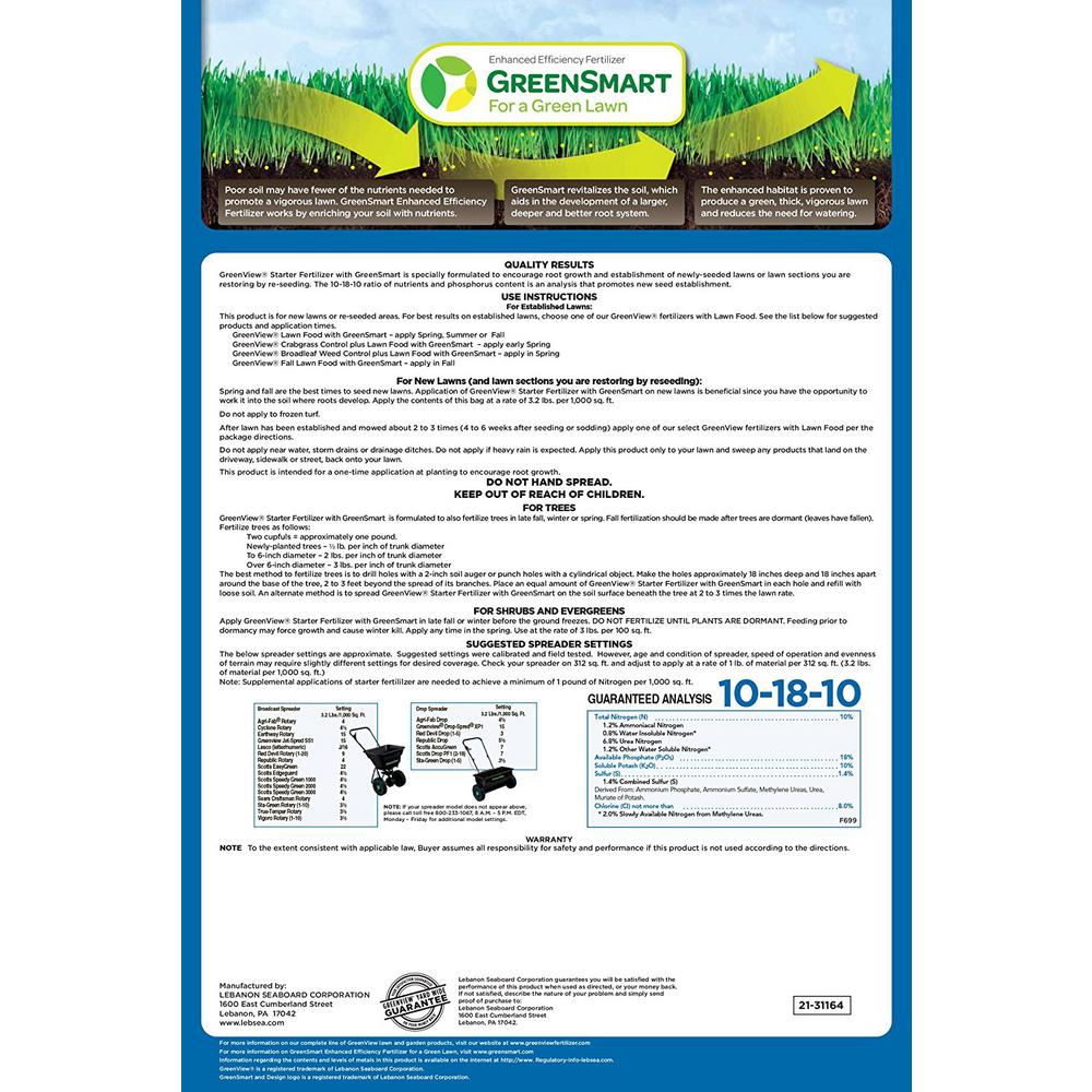 GreenView 21-29181 Starter Fertilizer with GreenSmart 10-18-10, 16 Lb, 5000 Sqft