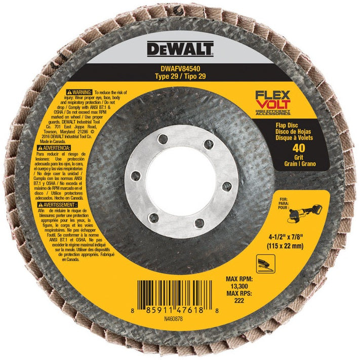 DeWalt DWAFV84540 Flexvolt Flap Disc, 4-1/2" x 7/8", 40 Grit