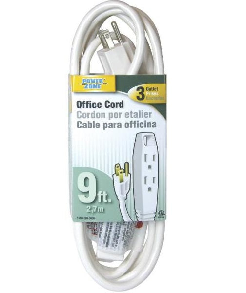 PowerZone OR890609 3 Outlet Office Cord, White, 9 ft