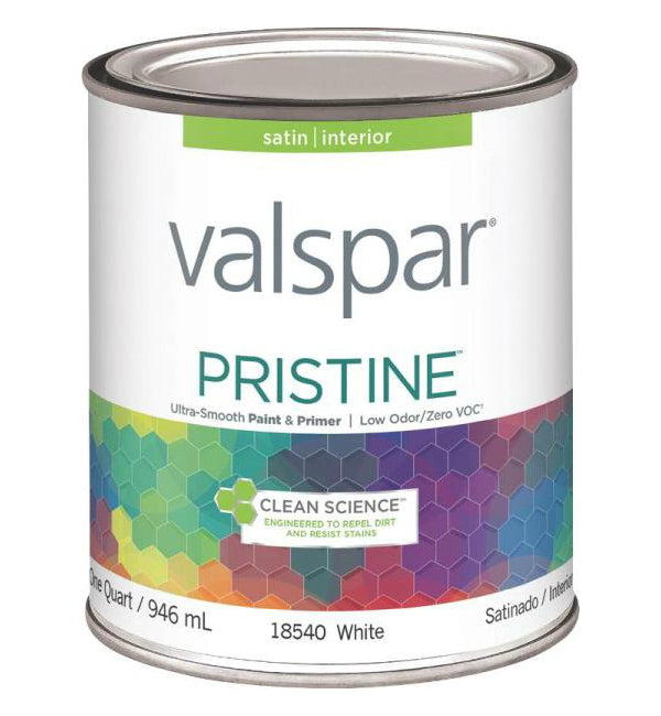 Valspar 18540 Pristine Interior Latex Satin Paint, White, Quart